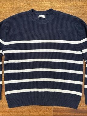 Hollister Navy and White Striped Crewneck Sweater